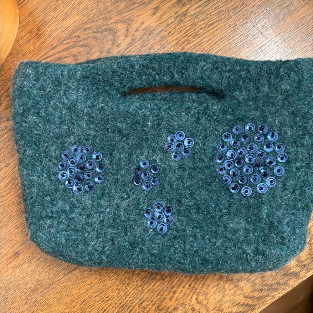 Green and Blue Felt Clutch with Circular Embellishments